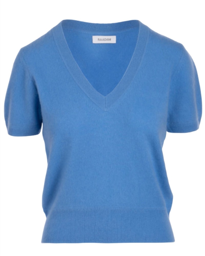 Front of a size large Cashmere Short Sleeve Cropped V Neck Pullover - Powder Blue in Powder Blue in Powder Blue by NAADAM. | dia_product_style_image_id:334197